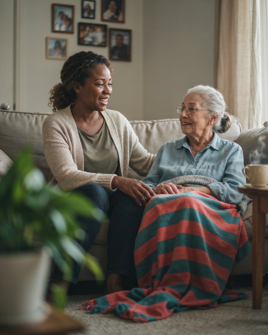 A caregiver sitting on a living-room couch with an older woman, sharing a warm conversation