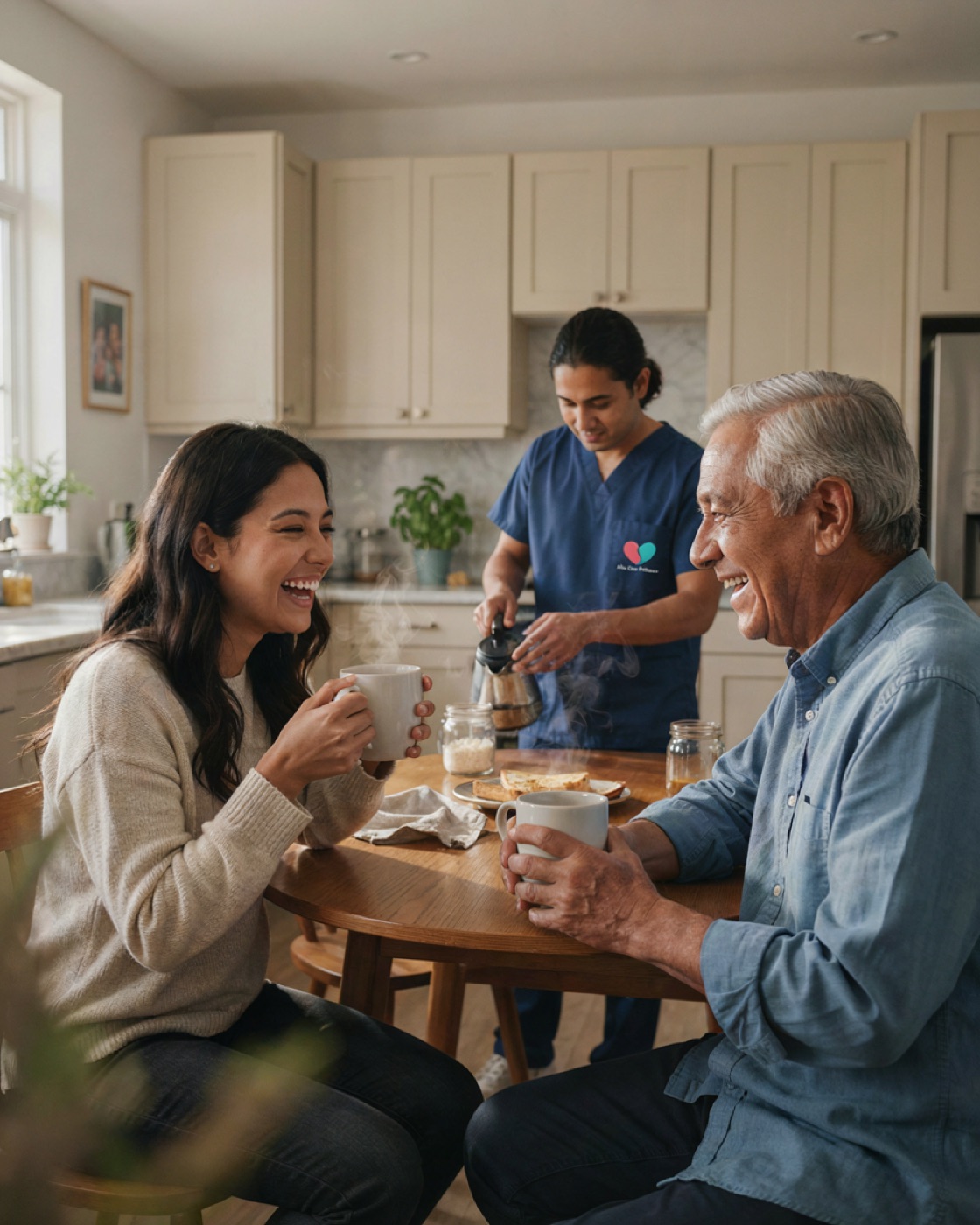 A caregiver pouring coffee in a bright kitchen while an older man and his daughter laugh together at the table